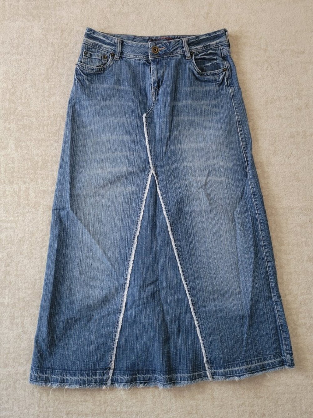 Vintage Mudd Y2K Grunge Frayed Denim Maxi Skirt Sz 11 Womens Blue Fairycore Boho